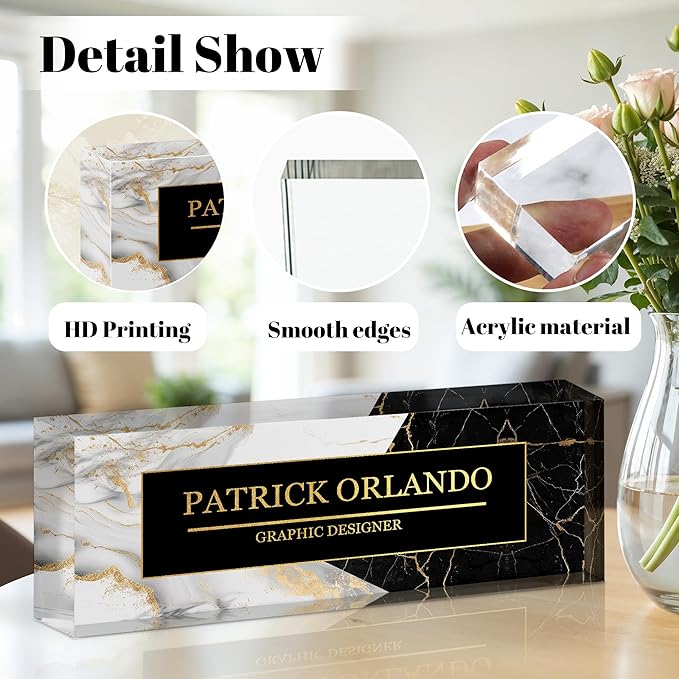 Ship Next Day Personalized Name Plate for Desk, Custom Acrylic Desk Name Sign, Office Appreciation Gifts for Women Men Coworkers Boss Teacher Employee (B/W Marble)