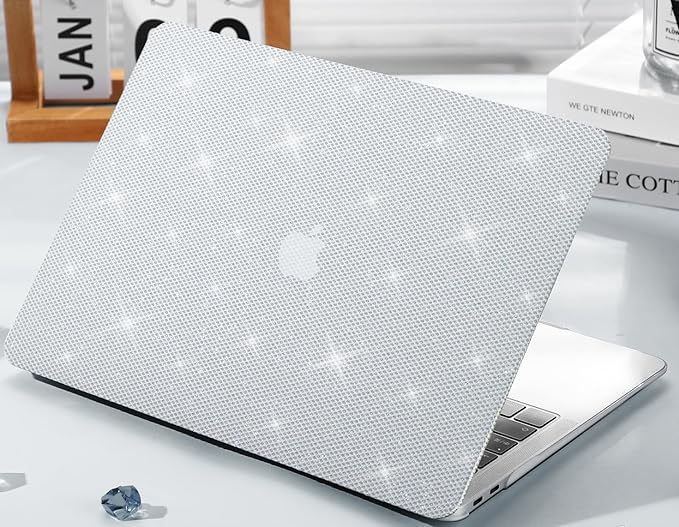 KEROM Glitter Case for MacBook Air 13 inch 2025-2022 M4 M3 M2 A3240 A3113 A2681, Luxury Bedazzled Shiny Bling Sparkle Textured PU Leather Hard Shell & Keyboard Cover for Mac Air 13.6 inch Case, White