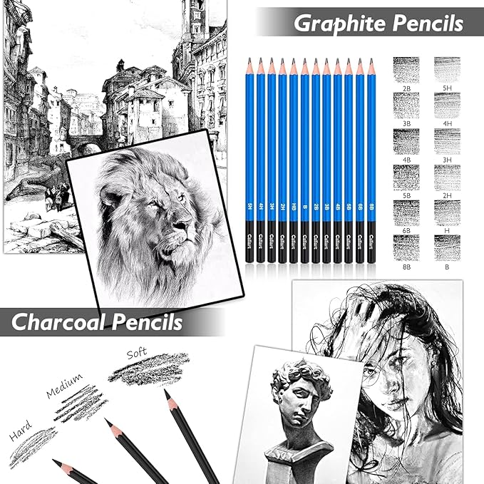 Caliart 176PCS Art Supplies Sketching Kit with 100 Sheets 3-Color Sketch Book, Graphite Colored Charcoal Watercolor & Metallic Pencils, School Supplies Gifts for Artists Adults Teens Girls Boys Kids