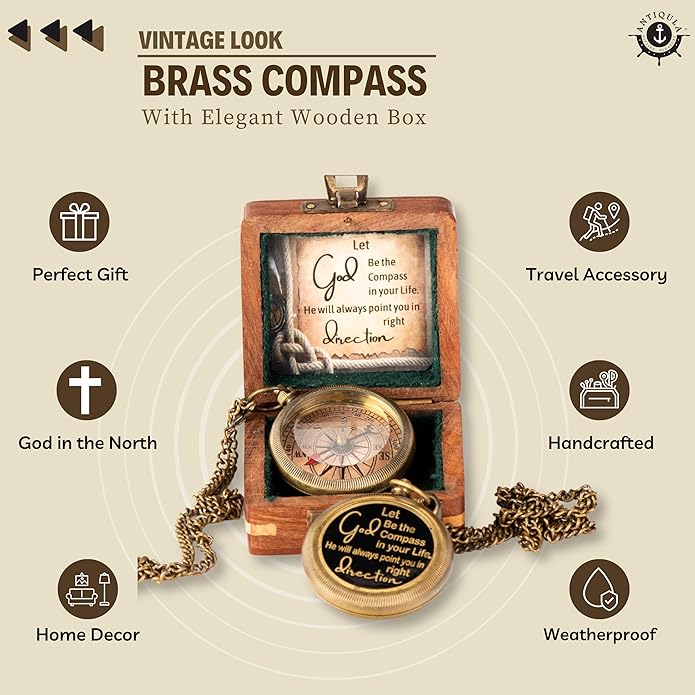 Brass Compass with Wooden Box - Graduation Gifts, Pirate Accessories & Baptism Gift For Boys, Steampunk Travel Decor Compasses For Missionary, Inspirational and Sentimental Compass