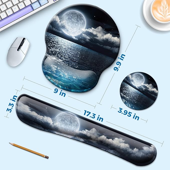 Mouse Pad and Keyboard Wrist Rest Support, with Non-Slip PU Base,Gel Mouse Pad with Coaster,Pain Relief for Gaming, Computer,Office -Moon Ocean