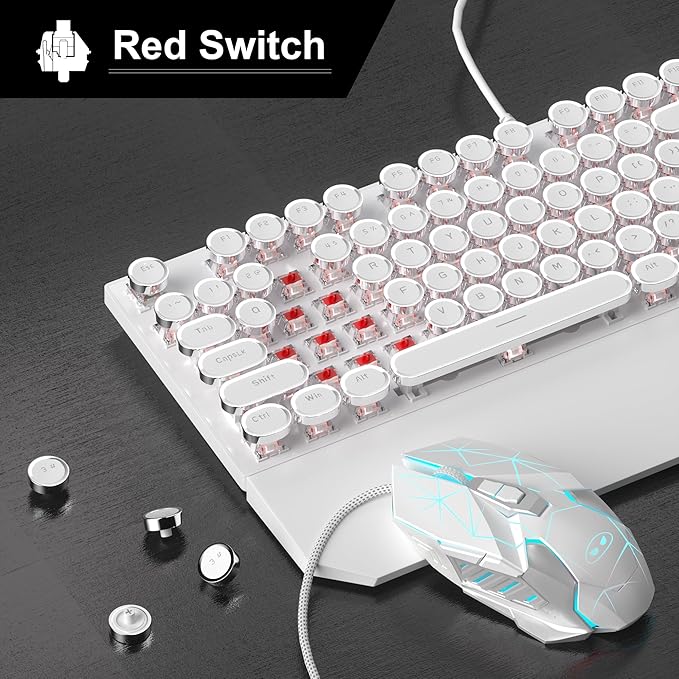 Retro Typewriter Keyboard and Mouse Combo, Cute White Keyboard with Linear Red Switches, Full Size Wired Mechanical Gaming Keyboard, Cool Light Up Keyboard and Mouse for Gaming,Work,Mac,PC,Windows
