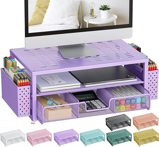 gianotter Desk Organizers and Accessories, Monitor Stand with Drawer and 2 Pen Holder, Purple Desk Accessories, Computer Stand Suitable for Offices and Dormitories (Purple)