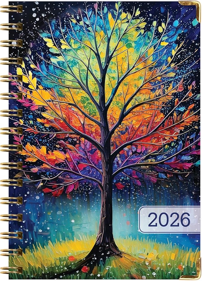 HARDCOVER 2026 Planner, 5.5"x8": 14 Months (November 2025 - December 2026), Daily Weekly Monthly Planner, Yearly Agenda, Bookmark, Pocket Folder and Sticky Note Set (Black Tree Seasons)