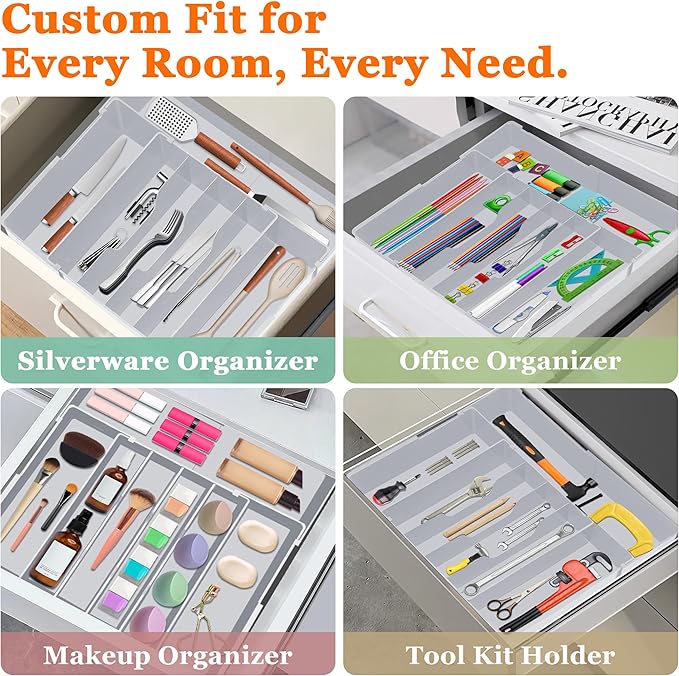 Expandable Large Silverware Organizer - BPA-Free Food-Safe Kitchen Utensil Drawer Organizer, Adjustable 4-7 Deeper Slots Cutlery Tray for Forks Knives, Kitchen Organizers and Storage Solution