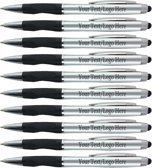 Personalized Pens With your Custom Logo or Text-300 Pack Bulk-for Businesses, Parties, and Events, 2 in 1 Ballpoint Pen + Capacitive Stylus for Touchscreen Devices, Silver Barrel, Blue Ink