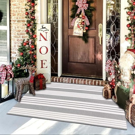 OJIA Christmas Front Door Rug 24''x51'' Gray and White Striped Outdoor Rug Machine Washable Porch Rug Front Door Mat Outdoor Indoor Area Rugs Cotton Woven Entry Mat for Home Entrance/Farmhouse