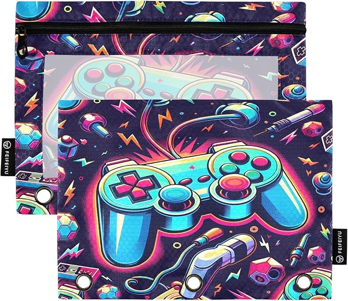 Bright Game Joystick Pencil Pouch for 3 Ring Binder, 2 Pack Waterproof Pencil Bags Clear Window Zipper School Office Supplies