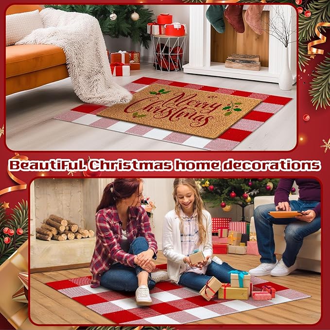 2 Pcs Merry Christmas Door Mat Outdoor Christmas Nature Coir Welcome Outdoor Rug Red White Checked Xmas Front Porch Rugs Non Slip Floor Mats Indoor Entrance Decor