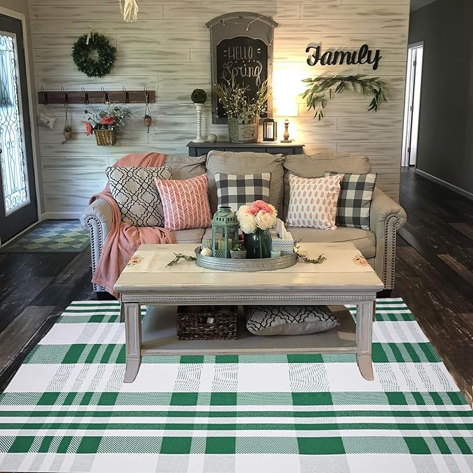 Christmas Door Mat Outdoor 4' x 6' Green and White Plaid Rug Christmas Decor Rug Cotton Hand-Woven Layered Door Mats Washable Carpet for Front Porch, Kitchen, Farmhouse, Entryway