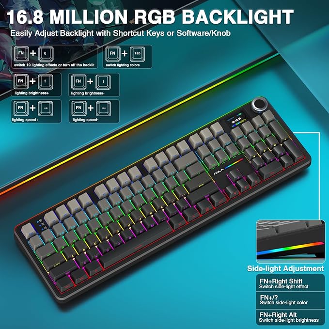 AULA F108 PRO - Wireless Mechanical Keyboard with Screen & Knob,Full Size Keyboard with 8000mAh Battery,Pre-lubed Switches,Side Printed PBT Keycaps,RGB Backlit Hot Swappable Custom Gaming Keyboards