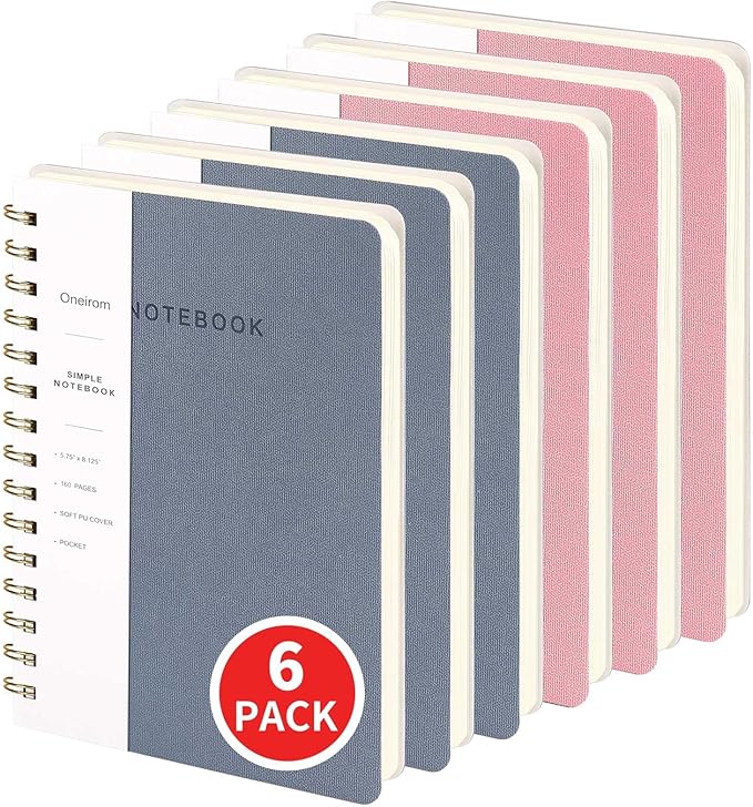 Lined Spiral Notebook College Ruled A5 Journal Book for Note Taking, 160 Pages Writing Journal for Office and Home School Supplies 5.75 x 8.125 inch (6pack-3Reefblue/3Pink)