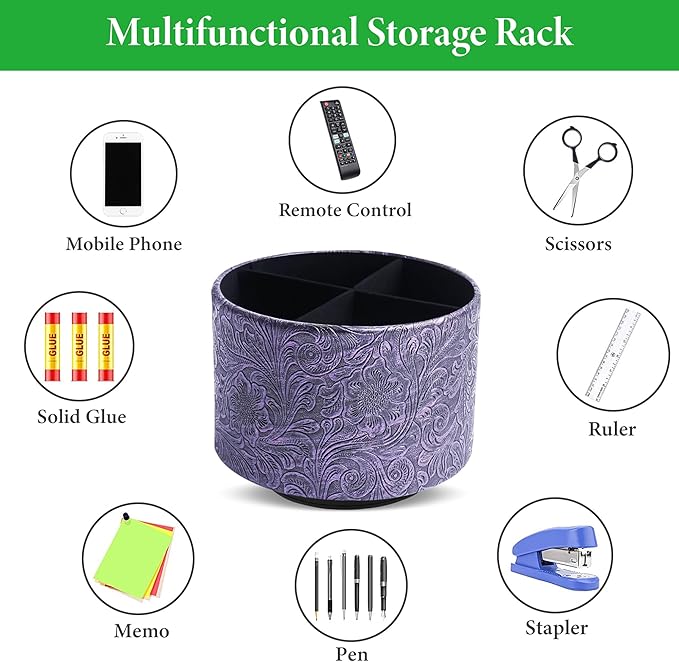 lizimandu Round Leather Art Supply Organizer,Remote Control Holder,360 Degree Spinning,Multi-Functional Pencil Holder,4 Compartments Desktop Stationary Organizer(1-Carved Metal Purple)