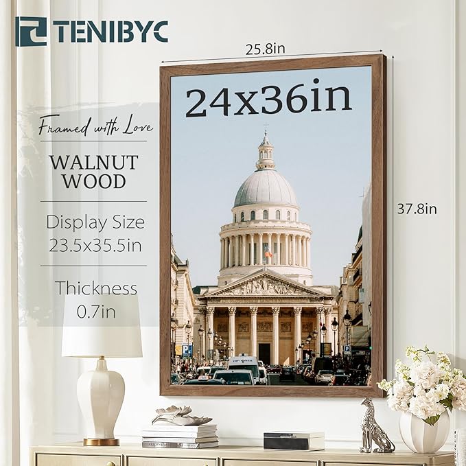 24x36 Poster Frame Set of 3 - Brown Walnut, Natural Solid Wood Picture Frame, Wall Hanging