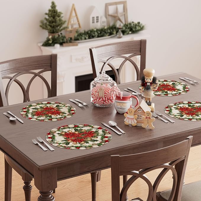 XCHI Christmas Poinsettias Leaves Bells Snowflakes Winter Xmas Round Placemats Set of 4 Table Mats for Party Home Kitchen Dining Table Decorations 14x14 Inch