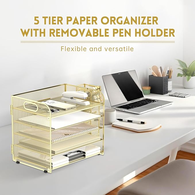 SUPEASY 5 Tier Desk Organizer with Handle & Removable Pen Holders, Mesh Paper/File Organizer for Desk, Paper Letter Tray Organizer for Office Supplies, Gold