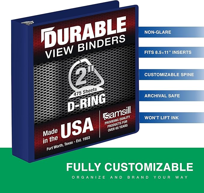 Samsill Durable 2 Inch Binder, Made in The USA, D Ring Binder, Customizable Clear View Cover, Blueberry, Holds 475 Pages