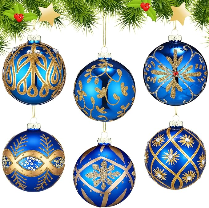 6 pcs 3.15 Inch Glass Luxury Christmas Ball Blue and Gold Ball Ornaments Glass Christmas Tree Decorations Luxury Hanging Ornaments for Xmas Tree Party Holiday Decor