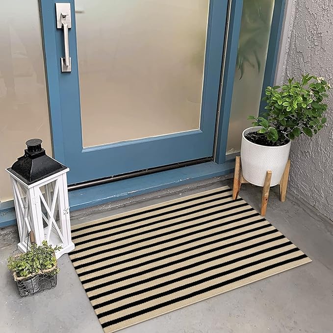 KIMODE Front Door Mats 24"x35", Reversible Washable Farmhouse Front Porch Rug Decor, Striped Layered Door Mats Outdoor, Black and Khaki Cotton Hand Woven Rugs for Entryway,Kitchen,Bathroom