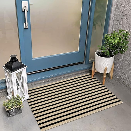 KIMODE Front Door Mats 24"x35", Reversible Washable Farmhouse Front Porch Rug Decor, Striped Layered Door Mats Outdoor, Black and Khaki Cotton Hand Woven Rugs for Entryway,Kitchen,Bathroom