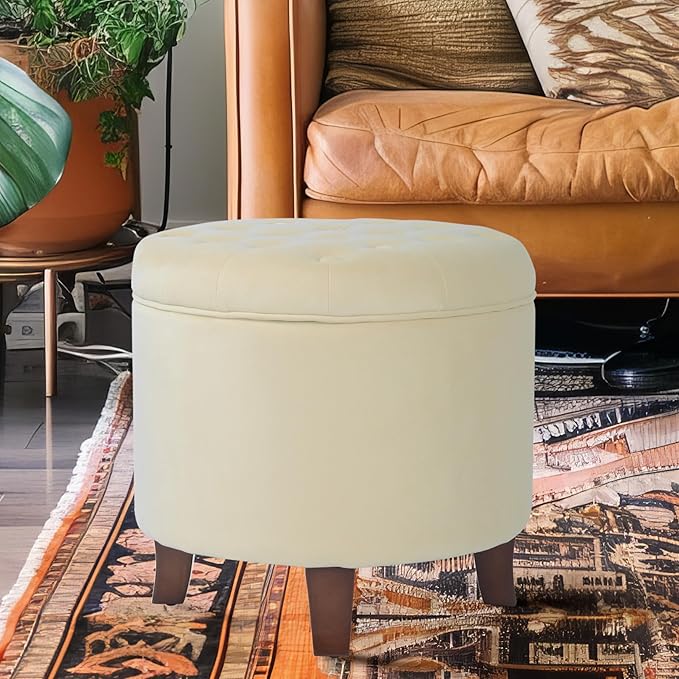 Homepop Home Decor | Upholstered Round Velvet Tufted Foot Rest Ottoman | Ottoman with Storage for Living Room & Bedroom | Decorative Home Furniture, Cream