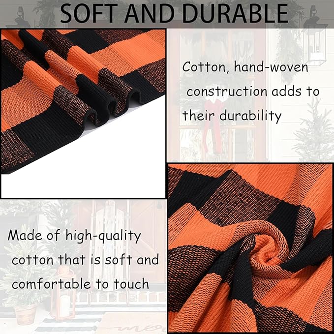 Orange and Black Plaid Rug, 24'' x 51'' Fall Outdoor Front Door Decor Mat, Cotton Washable Hand-Woven Rug for Layered Doormat, Autumn Halloween Thanksgiving Carpet for Porch, Entryway