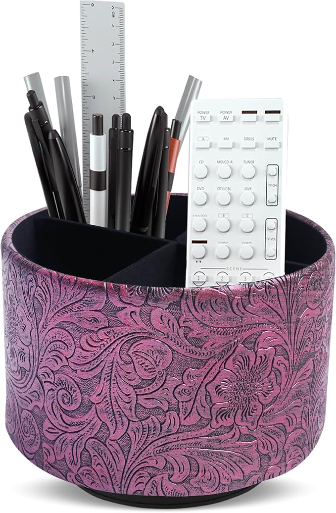 lizimandu Round Leather Art Supply Organizer,Remote Control Holder,360 Degree Spinning,Multi-Functional Pencil Holder,4 Compartments Desktop Stationary Organizer(1-Carved Metal Rose Red)