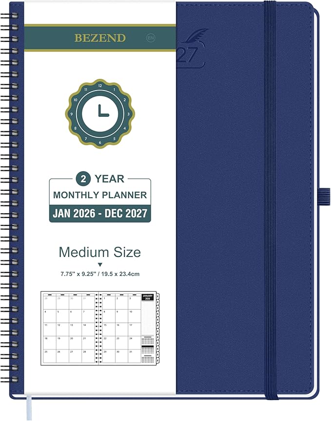 BEZEND Monthly Planner 2026-2027 (Spiral-7" x 9") 2 Year Calendar Book with Note Pages - Jan 26 to Dec 27-120 GSM Paper, Inner Pockets, Laminated Tabs, Vegan Leather Softcover - Blueberry