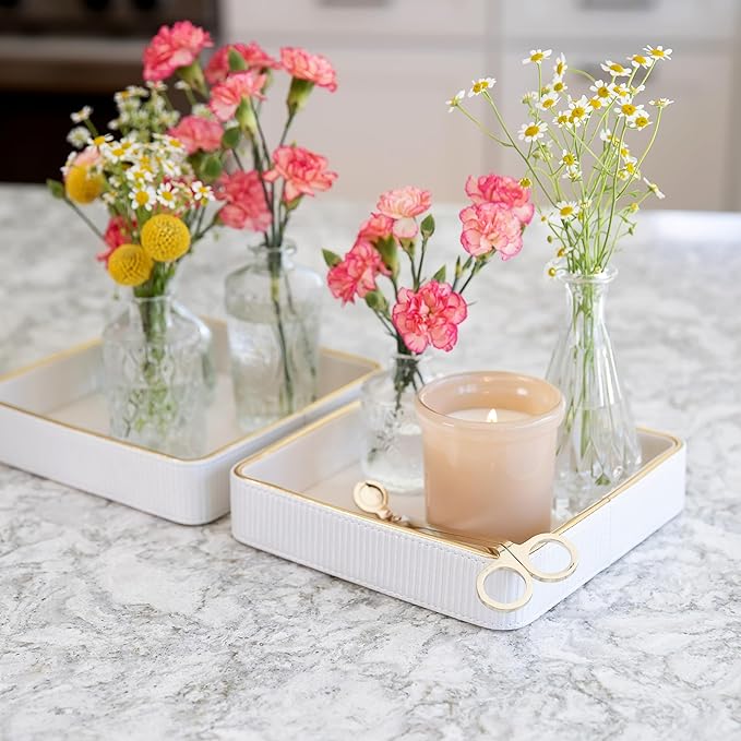 2 Pack White Catch All Trays for Jewelry| Small Leather Valet Tray| Key Bowl for Entryway Table EDC Trinket Tray Catch All| Perfume Trays for Dresser Organizer Perfume Holder (Set of 2)