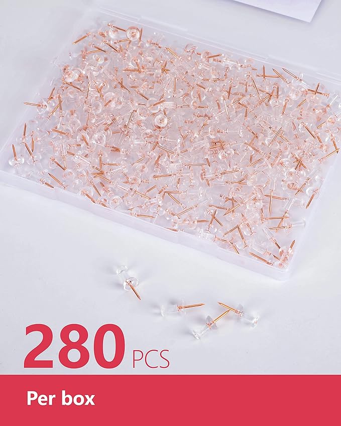 PAPERPAL 280 Rose Gold Push Pins for Cork Board, Clear Thumb Tacks for Wall Hangings, Pushpins for Office School & Personal Use, Standard Size Push Pin Tacks
