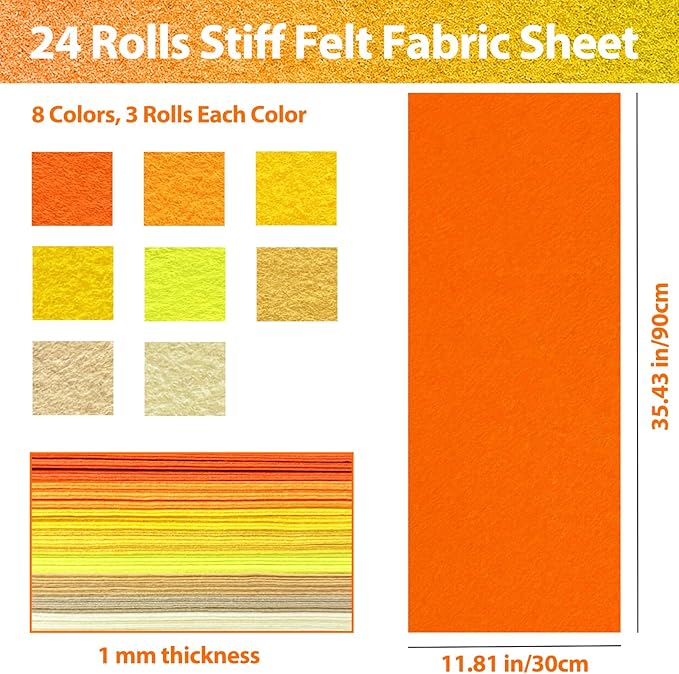 24 Pcs 11.8 x 35.4 Inch Wool Blend Felt Sheets for Crafts, 8 Color 1mm Thickness Orange Yellow Assorted Stiff Felt Rectangle Bulk for Sewing Patchwork School DIY Projects Decoration