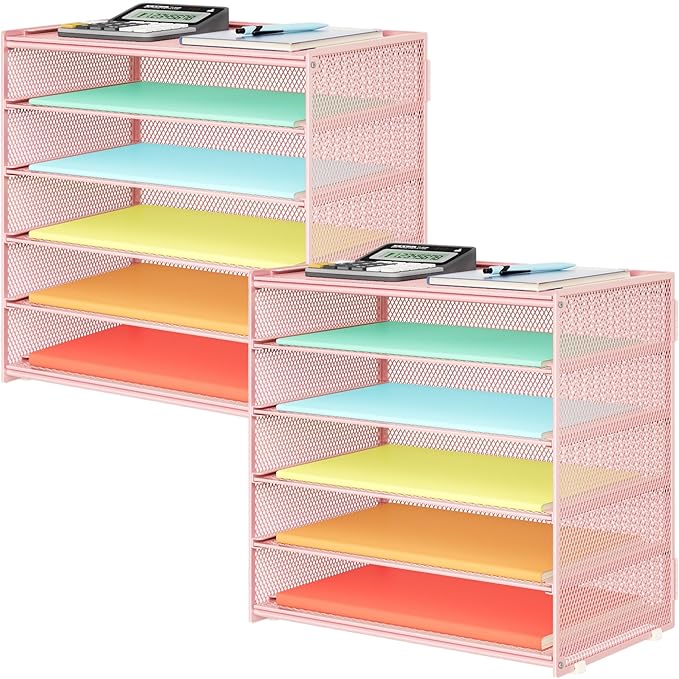 2 Pack 6 Tier Paper Organizer, Metal Mesh Desk File Folder, Letter Tray Organizer, Paper Sorter Desk Organizers for Office, Home or School File Folder Holder - Pink (Pink-2pack)
