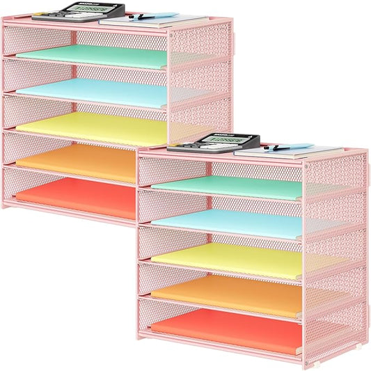 2 Pack 6 Tier Paper Organizer, Metal Mesh Desk File Folder, Letter Tray Organizer, Paper Sorter Desk Organizers for Office, Home or School File Folder Holder - Pink (Pink-2pack)