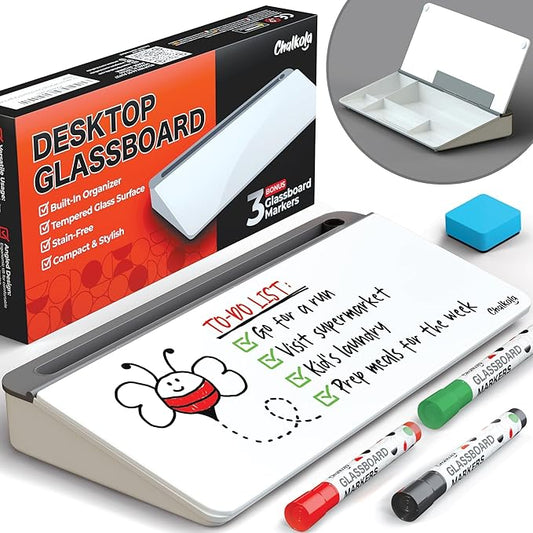 Chalkola Glass Desktop Whiteboard with Storage - Dry Erase Board, Work Desk Organizers, Computer Keyboard Stand, Home Office Desk Accessories, Small White Board, Workspace Desktop Buddy + 3 Markers