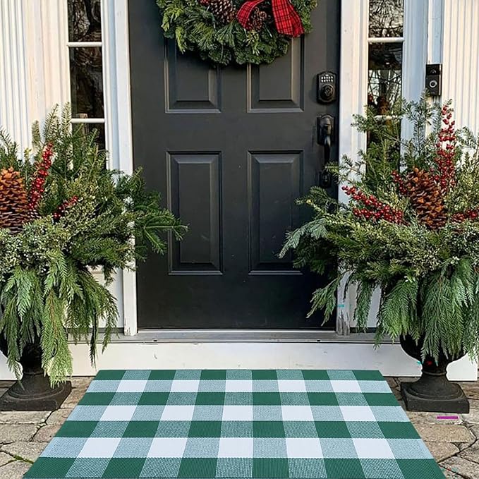 Green & White Plaid Rug, 2'4" x 3'7" Check Indoor/Outdoor Area Rug, Hello/Welcome Door Mat Layering Rug, Machine Washable Cotton Woven Mat for Farmhouse Front Porch, Entryway