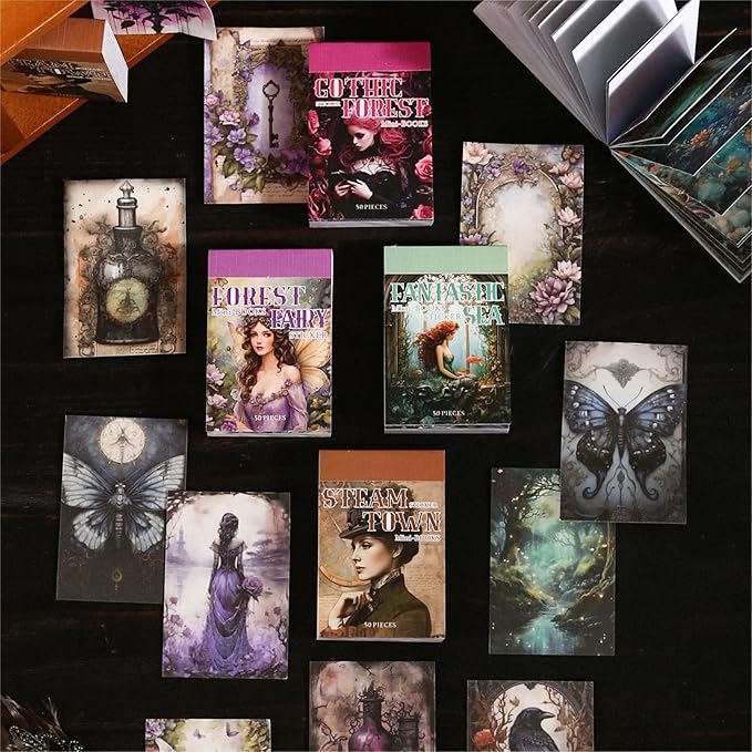 Aromoty 4 Sets 200 Pcs Washi Stickers Book Kit for Journaling, Vintage Aesthetic Gothic Magic Scrapbook Stickers for Scrapbooking Bullet Junk Journal Supplies Planner Stationery Collage Craft Gifts