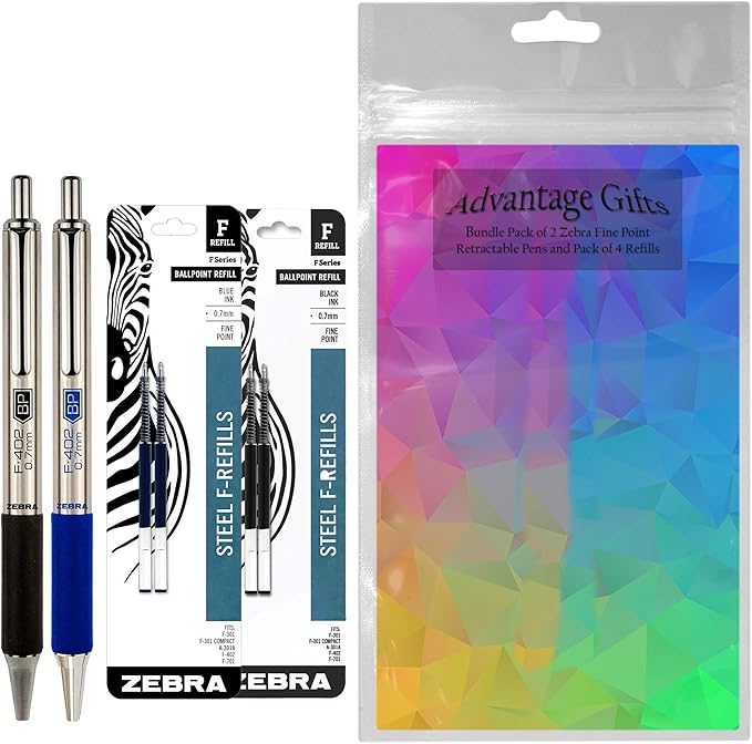 Zebra F-402 Ballpoint Stainless Steel Retractable Pens with Refills, Fine Point, 0.7mm, Black/Blue Ink, 4-Count Bundle with Plastic Reusable Pouch