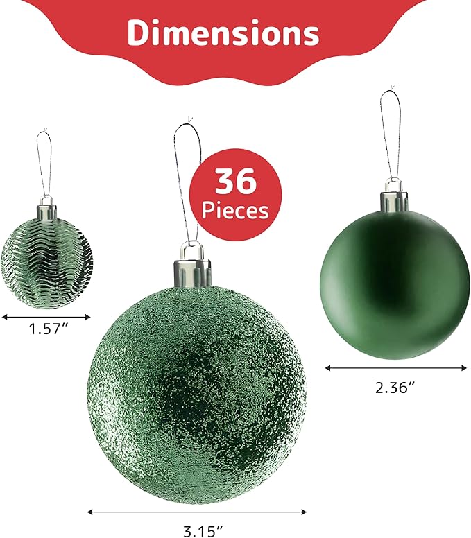 Prextex Christmas Tree Ornaments - Emerald Green Christmas Ball Ornaments Set for Christmas, Holiday, Wreath & Party Decorations (36 pcs - Small, Medium, Large) Shatterproof, 3 Size Combo