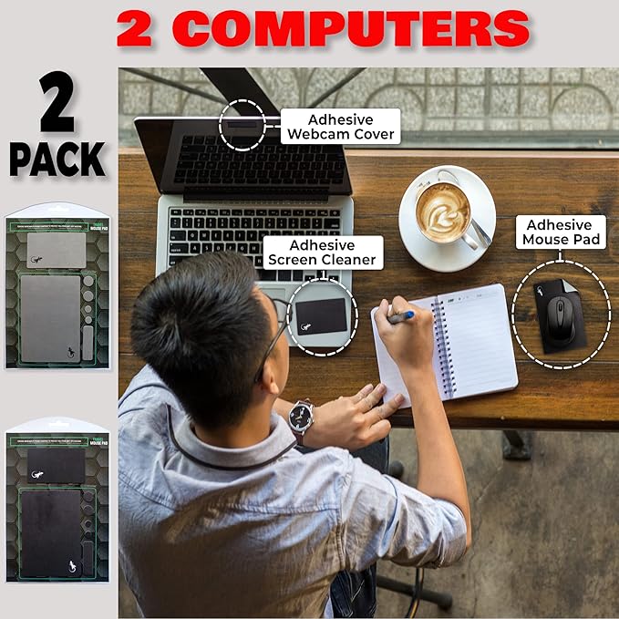 Mouse Pad Adhesive Bottom - Sticks to Any Surface - Portable - Webcam Covers and Screen Cleaner Included (2 x Black - Gray)