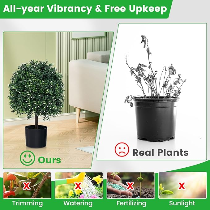 Goplus 21.5’’ Artificial Boxwood Topiary Ball Tree, Set of 2 Faux Potted Plants Artificial Shrubs Bushes with 343 White Fruits, Fake Evergreen Artificial Topiary for Home Front Porch Decor