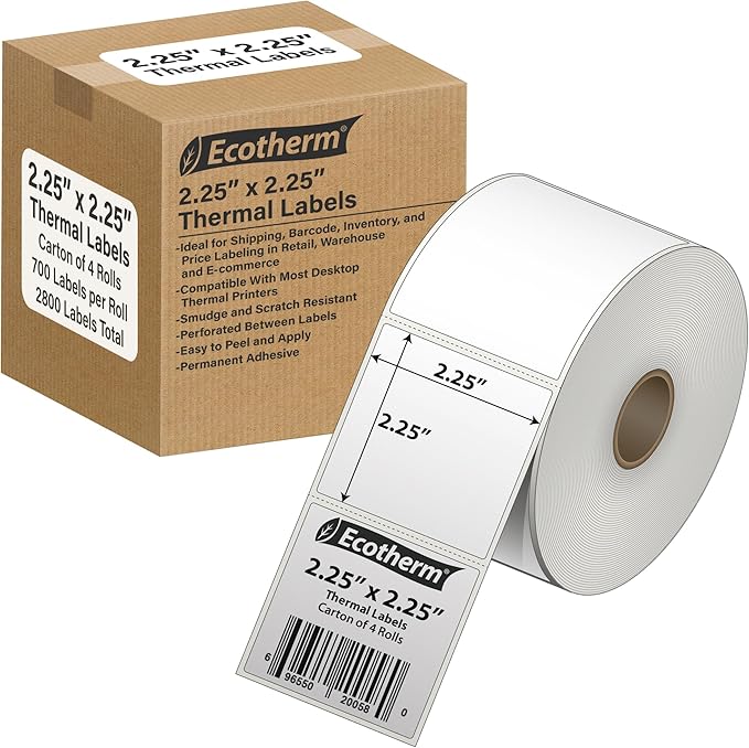 2.25" x 2.25" Thermal Labels | 4 Rolls | 2800 Labels | fits Zebra, Munbyn, Rollo, Godex, Arkscan, iDPRT, Offnova Thermal Label Printers and More | Blank White Adhesive Stickers by Ecotherm