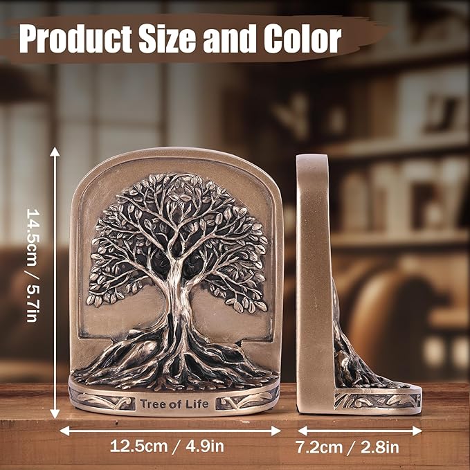 Antique Bronze Color Tree of Life Bookends Set, 2 Non-Skid Heavy Bookends for Shelves or Bookcase, Decorative Bookends for Desktop Shelf Decor, Library Office Decor, Home Décor Gift
