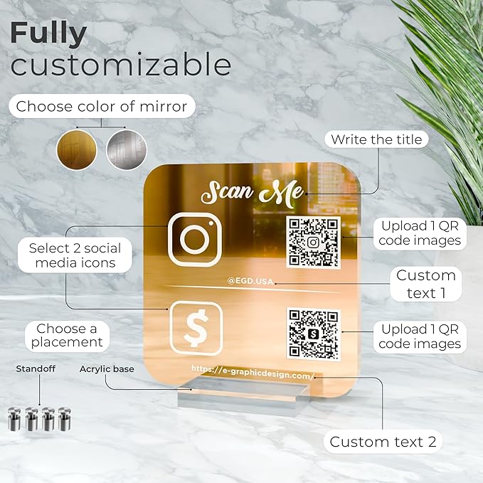 EGD Personalized Social Media QR Code Sign for Business | Facebook Instagram Sign | Custom Signs for Business I Standoff Screws Included I Multiple Color and Holder Options | Wide 10"x 10" Height