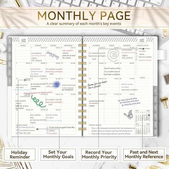 2026 Planner Weekly and Monthly, AIMPEAK Weekly Planner 2026 with Tabs, Jan. 2026 - Dec. 2026, Calendar Planner for Women, Pen Loop, Flexible Cover，Spiral Binding, White Marble, 5.5" x 8.5"