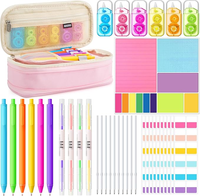 Janlaugh 38 Pcs Aesthetic College School Supplies with Pen Case Sticky Notes Gel Pens Highlighters Correction Tapes Back to School Stationery Kit(Neon Color,Vibrant)