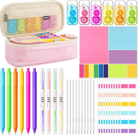 Janlaugh 38 Pcs Aesthetic College School Supplies with Pen Case Sticky Notes Gel Pens Highlighters Correction Tapes Back to School Stationery Kit(Neon Color,Vibrant)