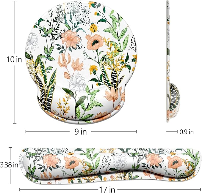 Dapesuom Keyboard Wrist Rest and Mouse Pad with Wrist Support, Cute Memory Foam Cushion for Keyboard and Mouse Set, Desktop Pad Rests with Non Slip Base for Easy Typing & Pain Relief, White Floral