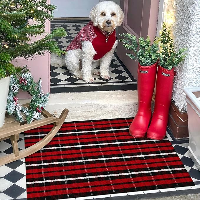 KIMODE Christmas Door Mat Outdoor 24"X35",Red/Black Buffalo Plaid Rug,Washable Cotton Hand-Woven Layered Door Mats,Reversible Outdoor Christmas Decor for Front Porch,Entryway,Kitchen
