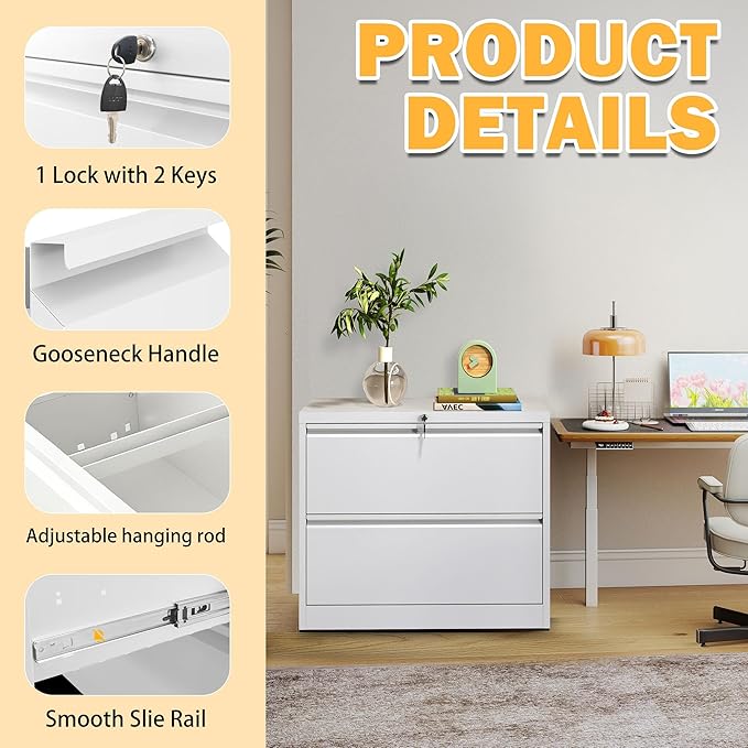 2 Drawer Lateral File Cabinet with Lock, File Cabinet, Metal Lateral Filing Cabinets for Home Office, File Storage Cabinet for Legal/Letter/A4 Documents, Assembly Required (White, 26'W)