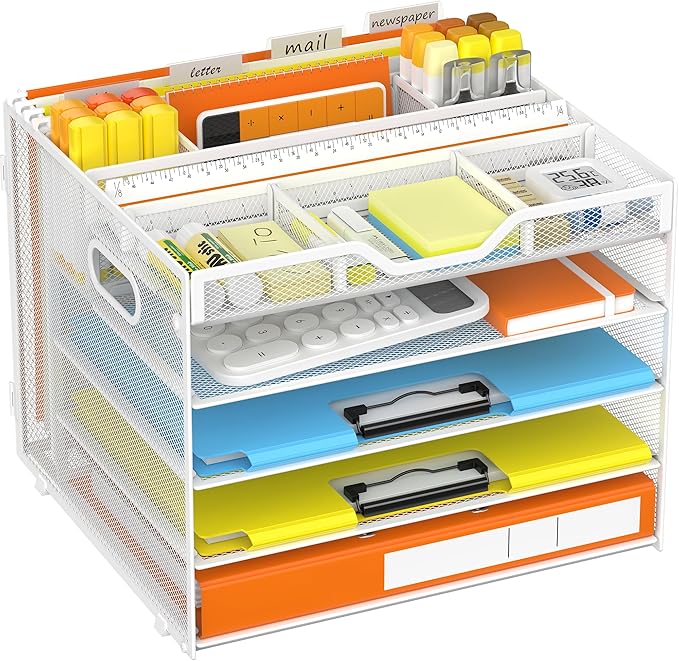 Docnest 5 Tier Letter Tray with Hanging File Organizer-Mesh Desk Organizer-Desktop Storage Box Built in Pen Holder and Handles, File Folder Holder for Mail Documents Office Supplies-White